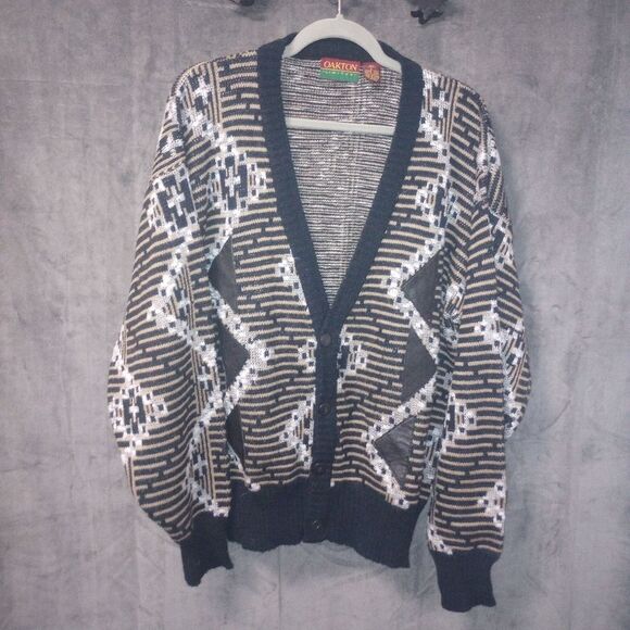 Vintage Oakton Dad Cardigan Sweater w Faux Leather Patches Size Large P2P 24 in - Picture 1 of 6